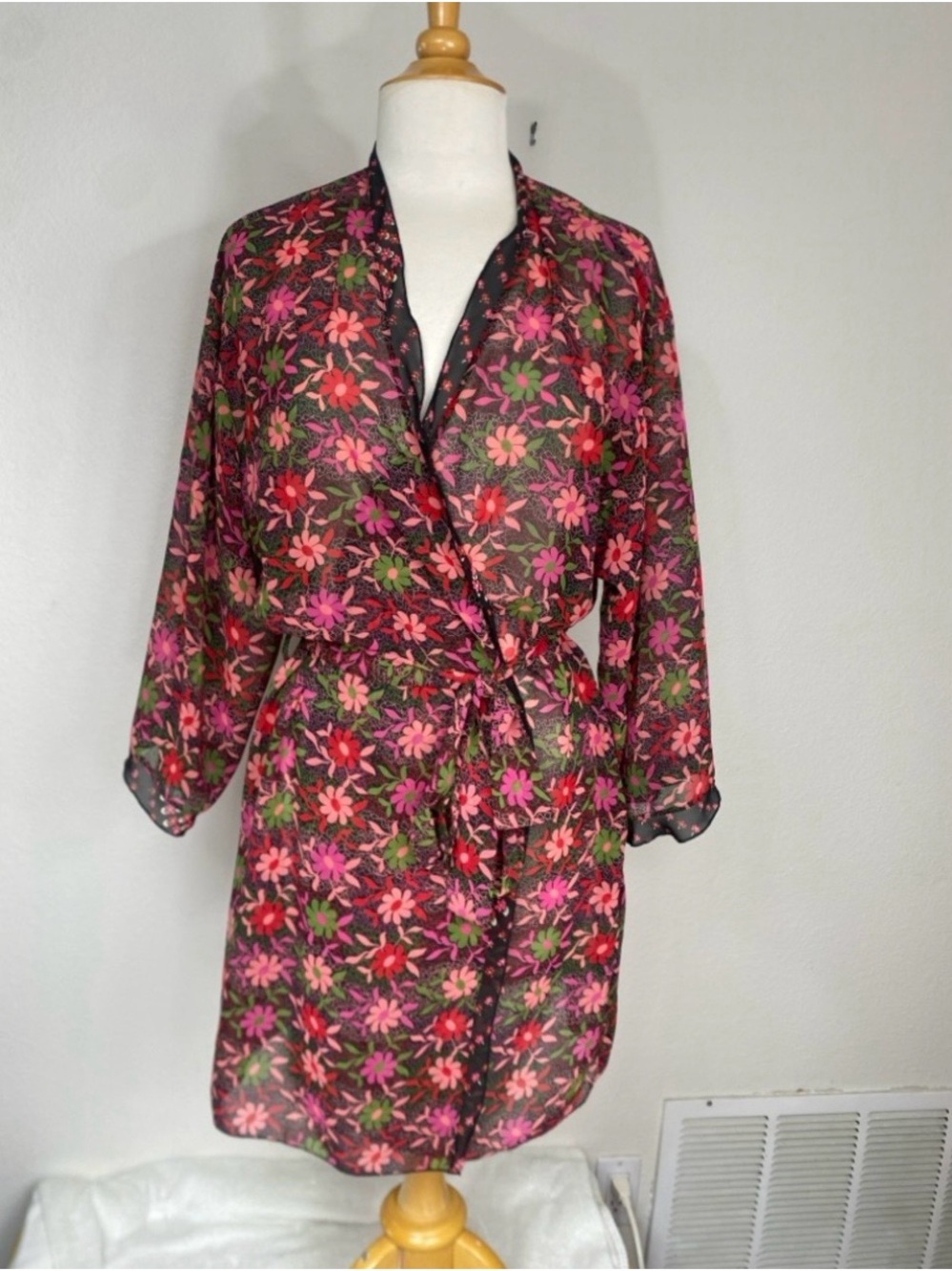 Josie Natori Womens Multicolor Floral Kimono Robe Size Large Boho Hippie Girly